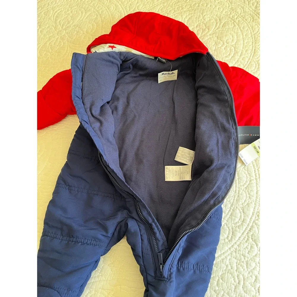 Tommy Hilfiger Baby Pram Suit Red Navy Blue Hooded Bunting 3-6M NEW